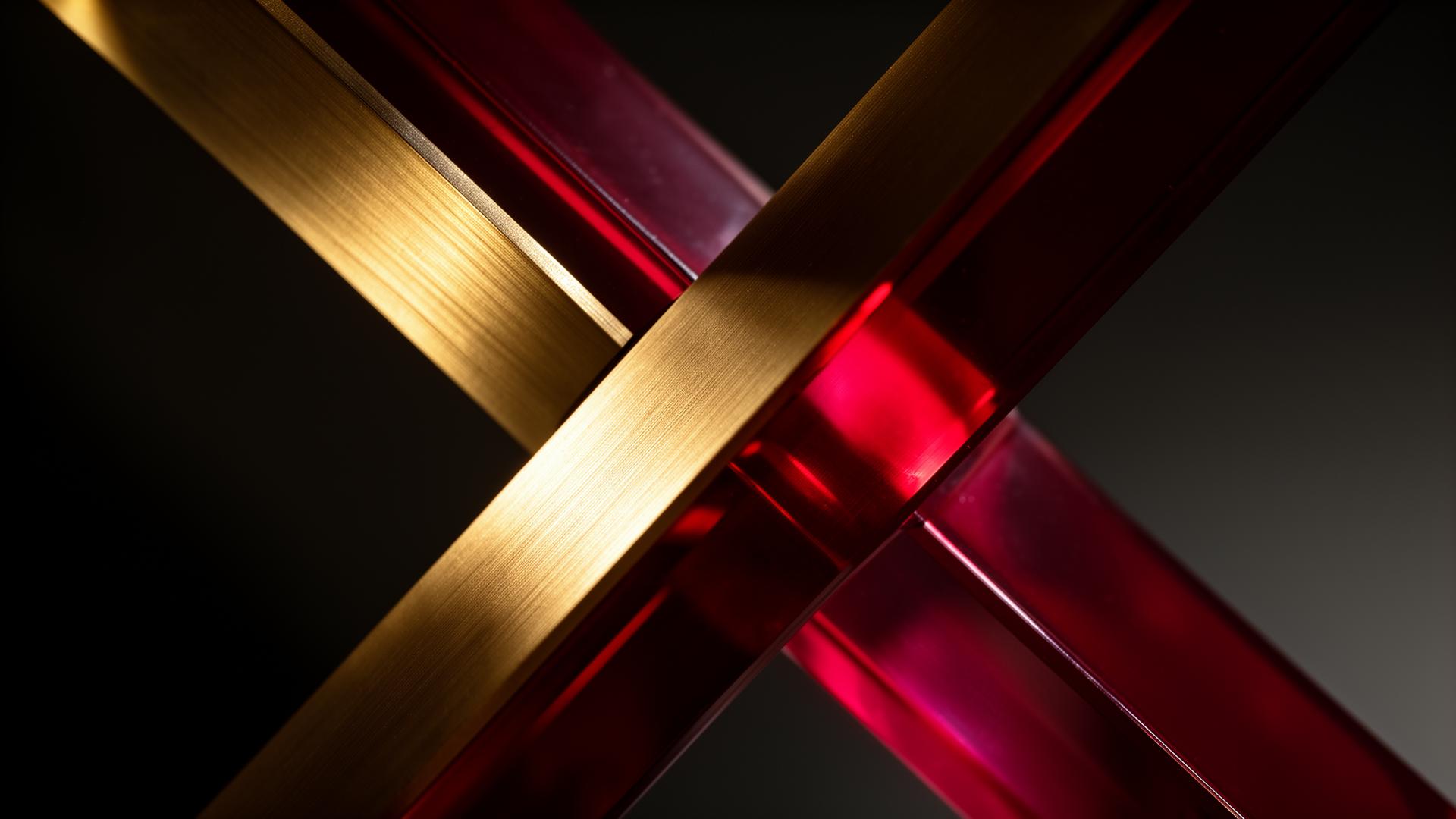 1X Financial capability composition — interlocking architectural blades in crimson and gold